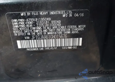 2016 Subaru Impreza z USA, uszkodzony, nr VIN JF1GJAA61GH015676